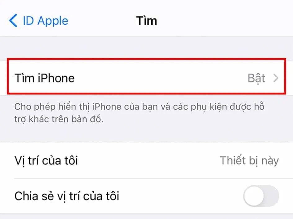 Bật tính năng Find My iPhone