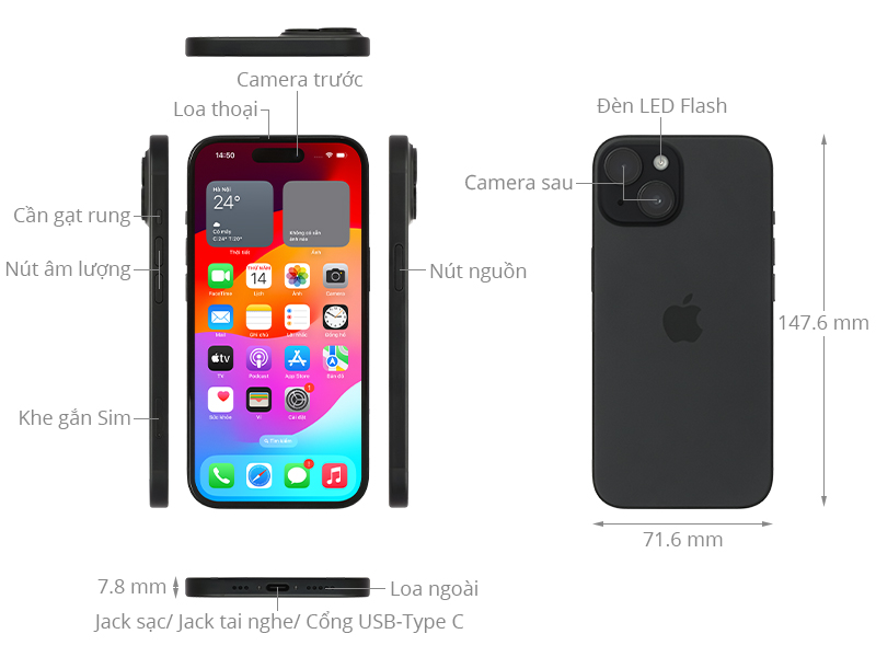 Thông số kỹ thuật - Điện thoại iPhone 15 256GB quốc tế