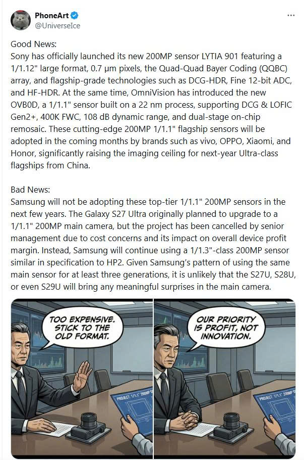 Samsung Galaxy S27 Ultra có đang tụt lại khi vẫn dùng cảm biến camera cũ 